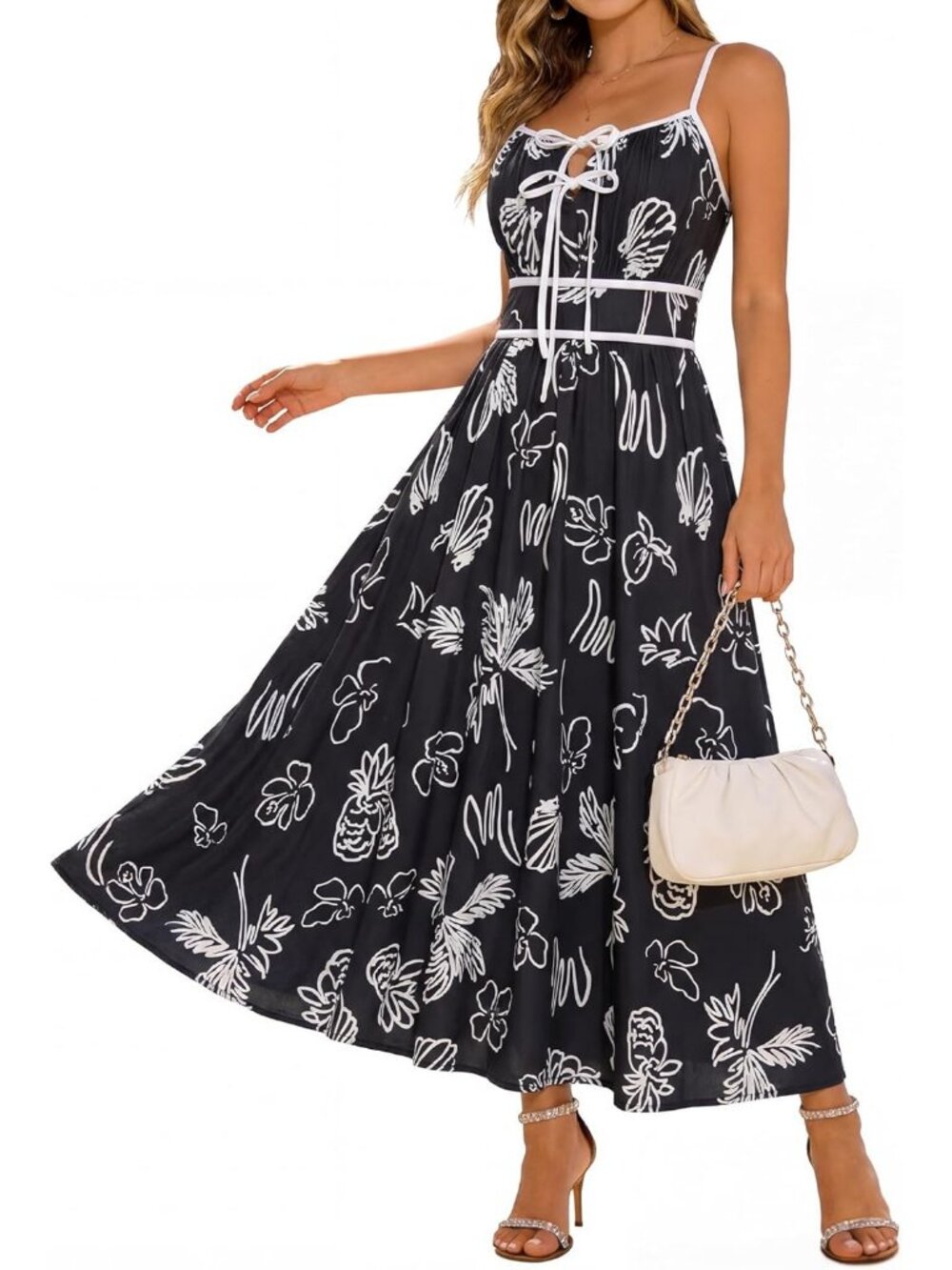 Women's Black Summer Floral Maxi Dress Tie Front Boho Sundress W/Pockets